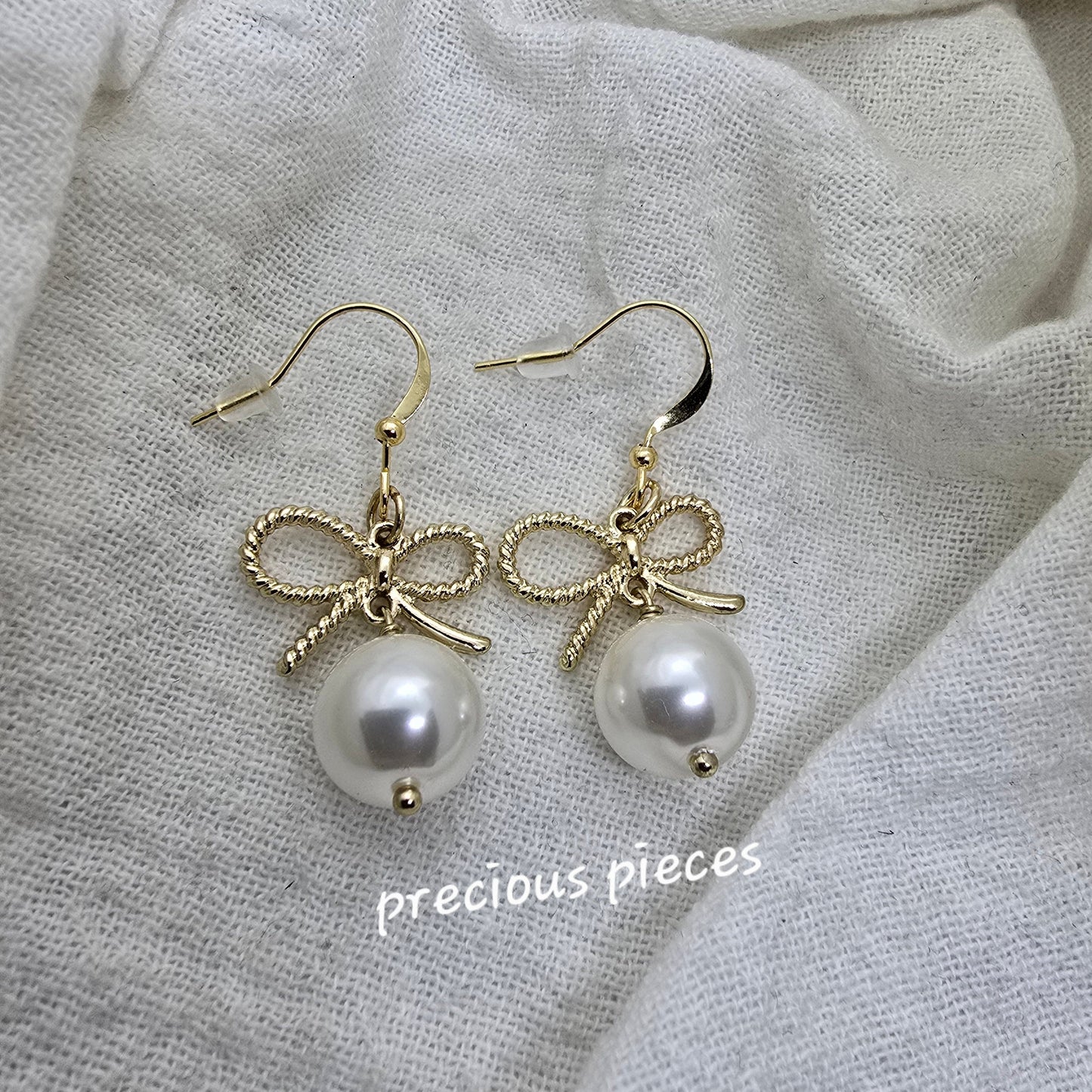 Textured Gold Bow and Pearl Earrings