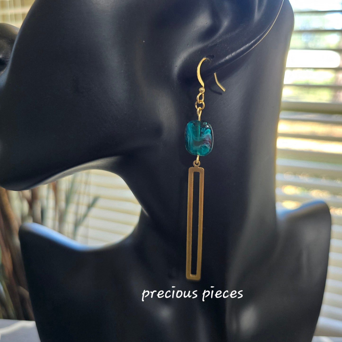 Aqua and Brass Dangle Earrings