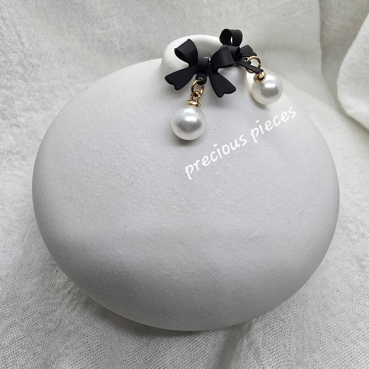 Black Bow and Pearl Earrings