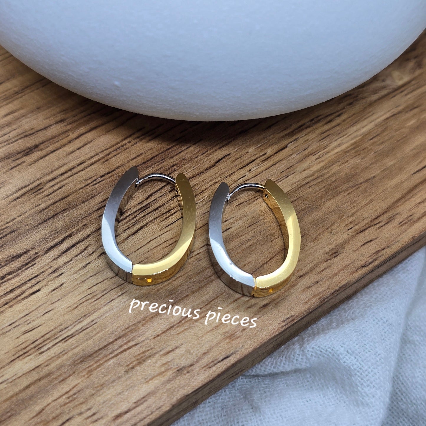 Two-Tone Stainless Steel Oval Hoop Earrings