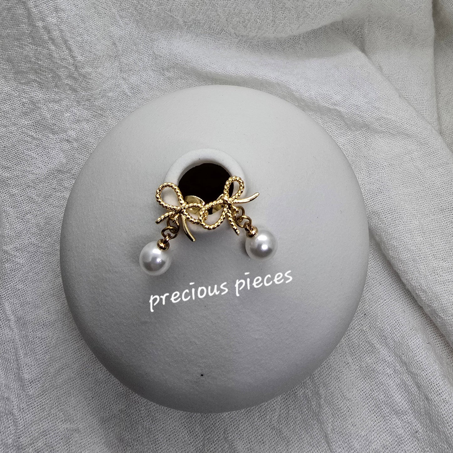 Textured Gold Bow and Pearl Earrings