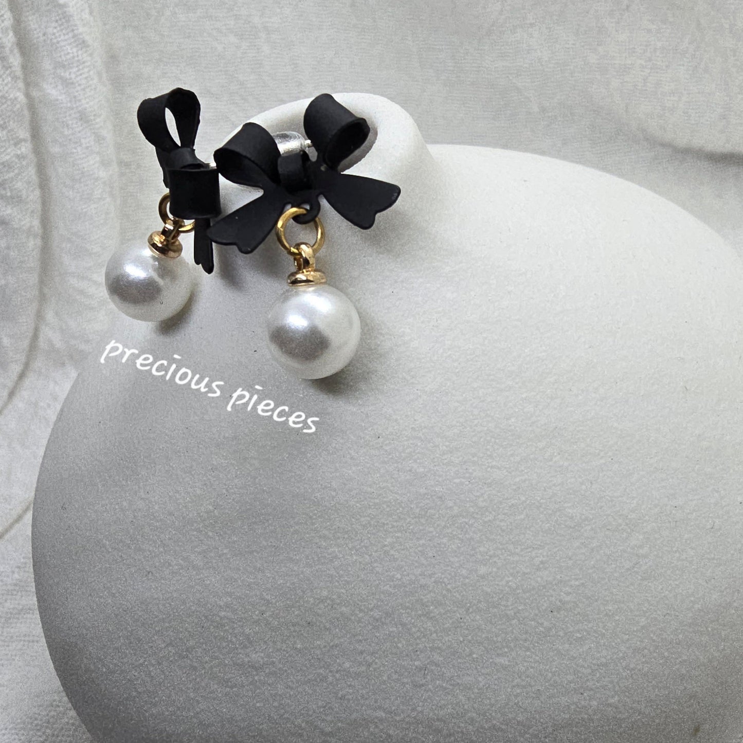 Black Bow and Pearl Earrings