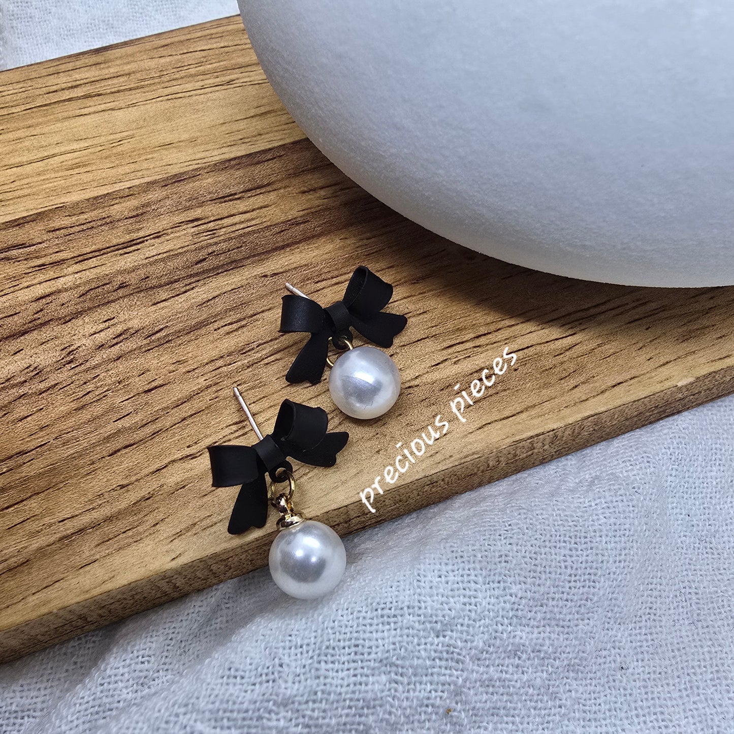 Black Bow and Pearl Earrings