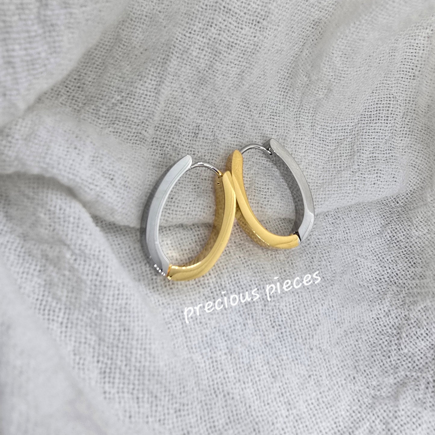 Two-Tone Stainless Steel Oval Hoop Earrings