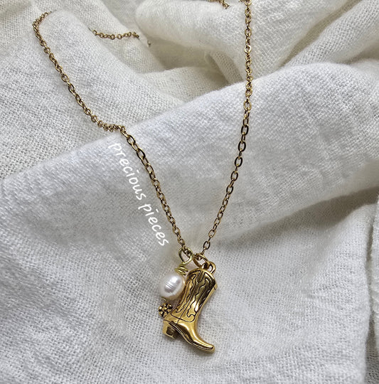 Cowgirl Boot and Pearl Necklace