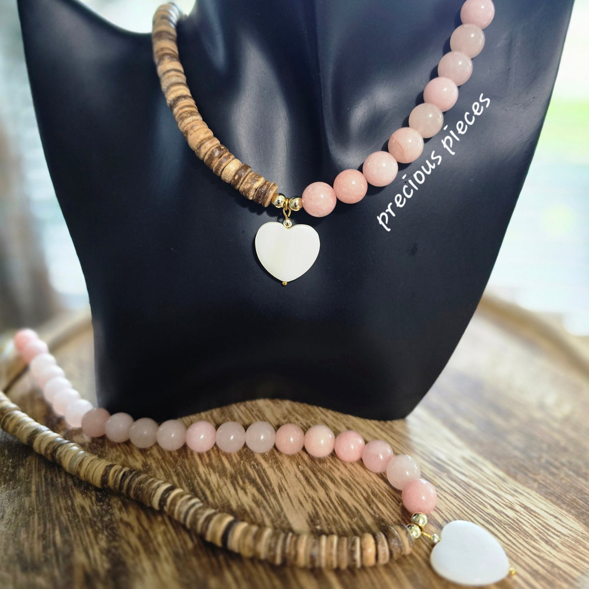 Wooden Heishi and Rose Quartz Beaded Necklace