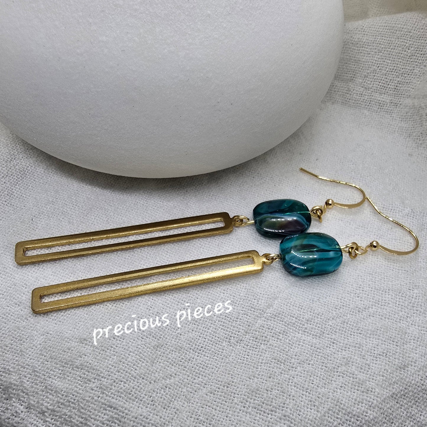 Aqua and Brass Dangle Earrings