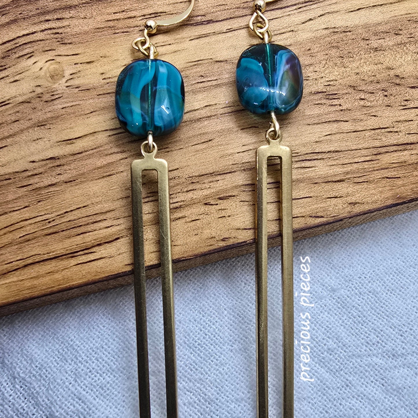 Aqua and Brass Dangle Earrings