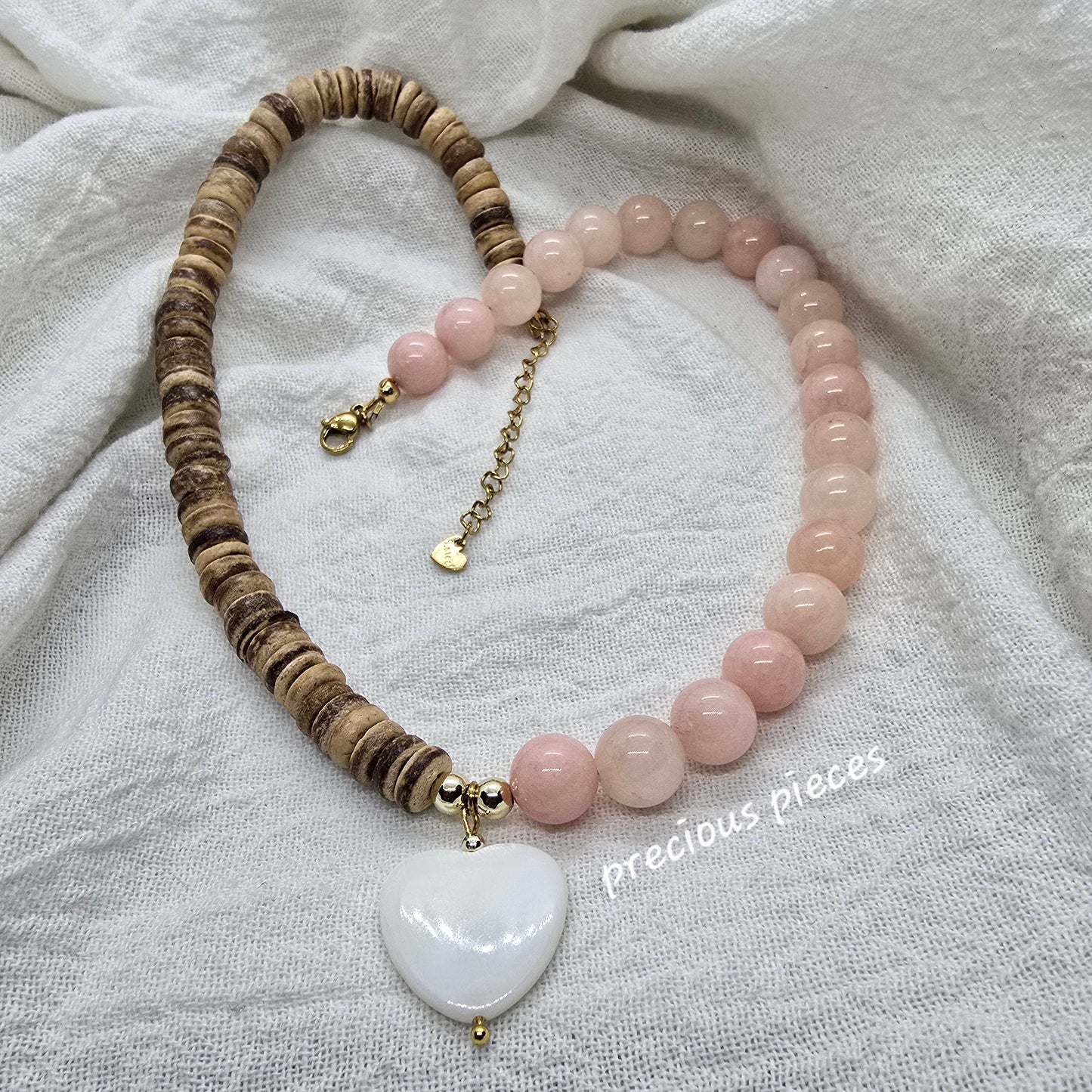 Wooden Heishi and Rose Quartz Beaded Necklace