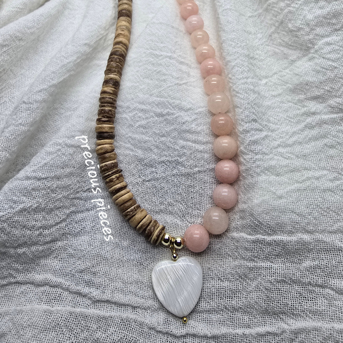 Wooden Heishi and Rose Quartz Beaded Necklace