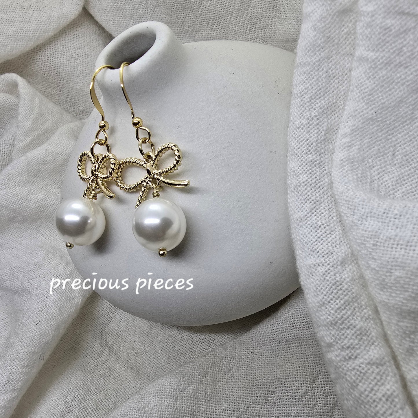 Textured Gold Bow and Pearl Earrings