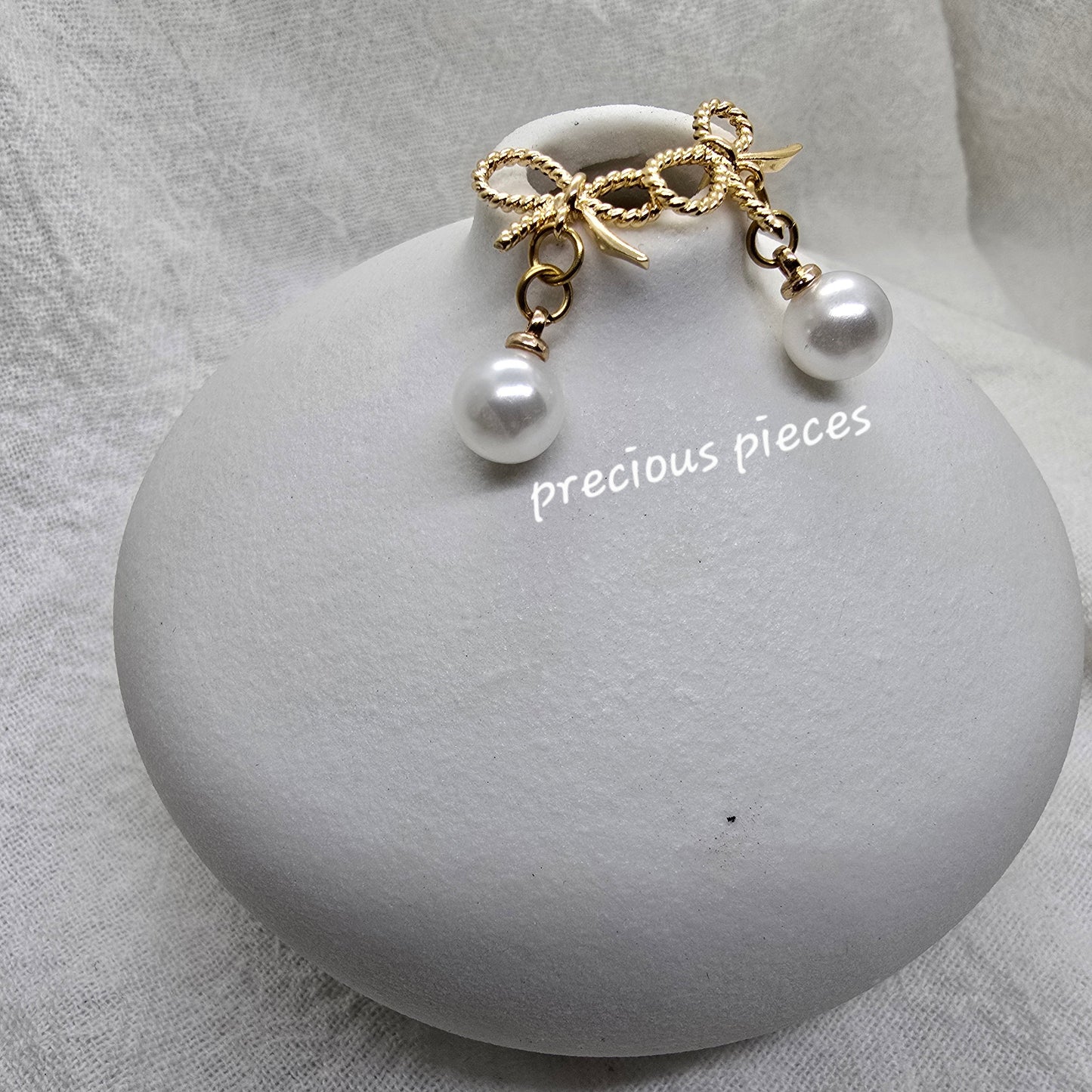 Textured Gold Bow and Pearl Earrings