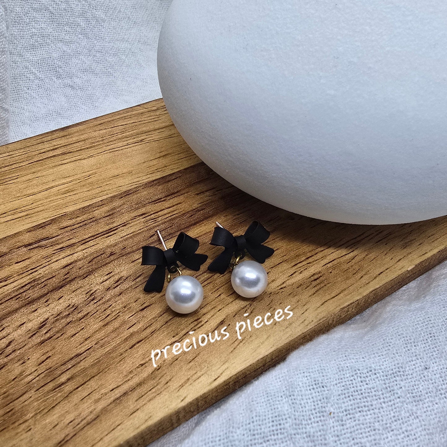 Black Bow and Pearl Earrings