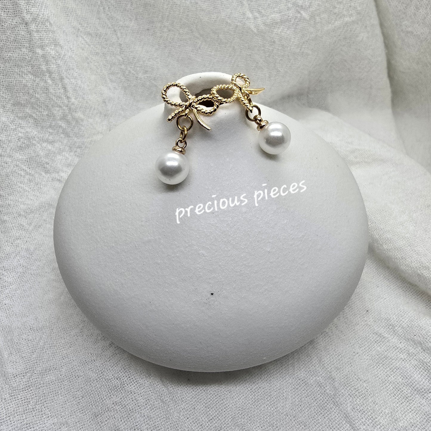 Textured Gold Bow and Pearl Earrings