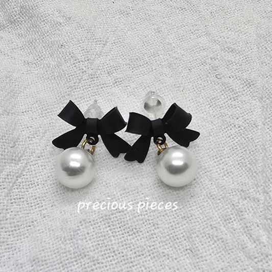 Black Bow and Pearl Earrings