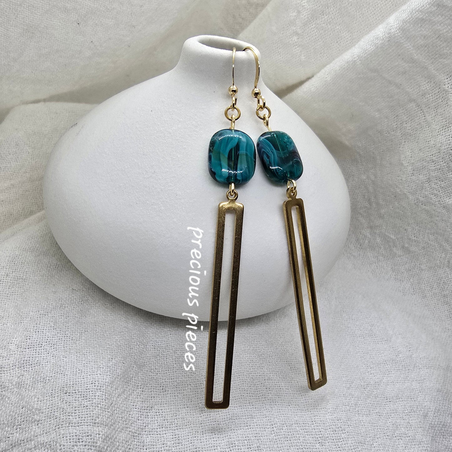 Aqua and Brass Dangle Earrings