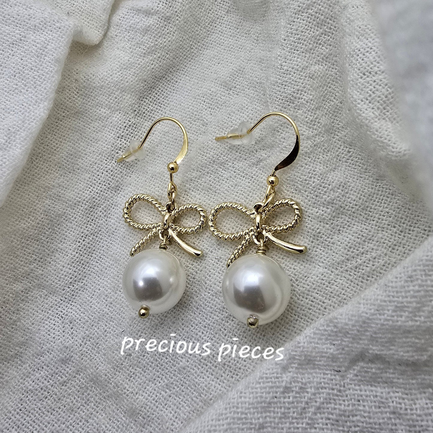 Textured Gold Bow and Pearl Earrings