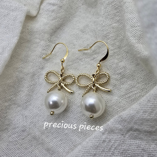 Textured Gold Bow and Pearl Earrings