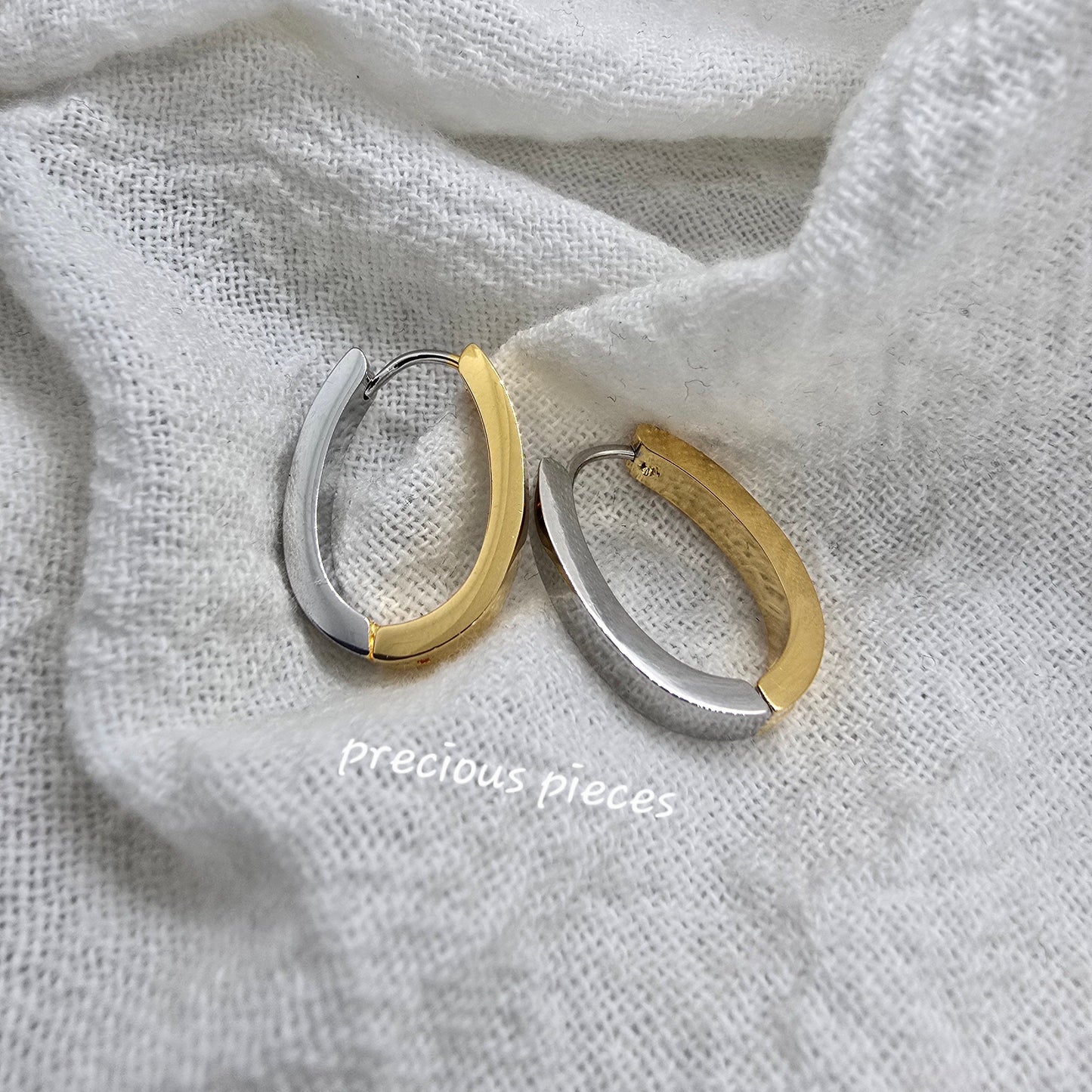 Two-Tone Stainless Steel Oval Hoop Earrings