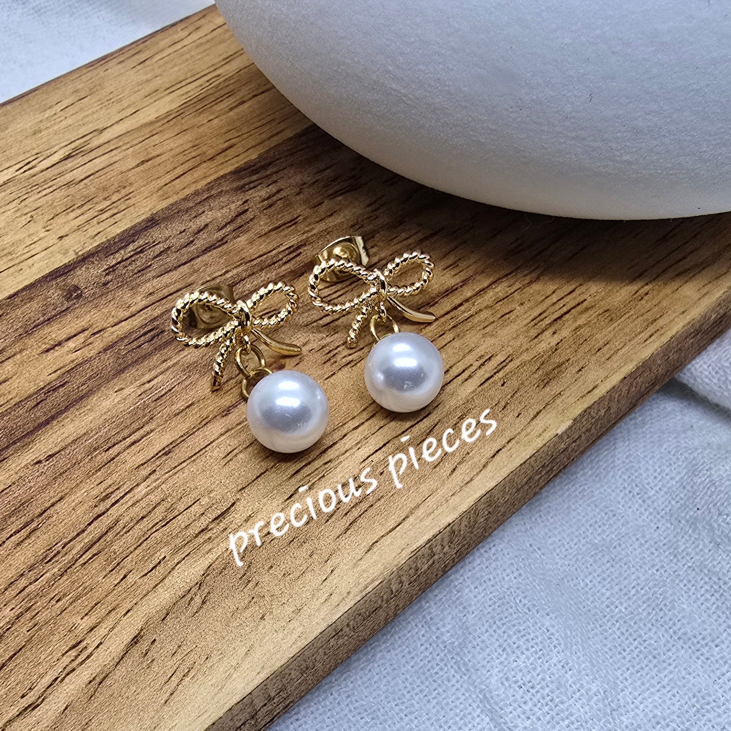 Textured Gold Bow and Pearl Earrings