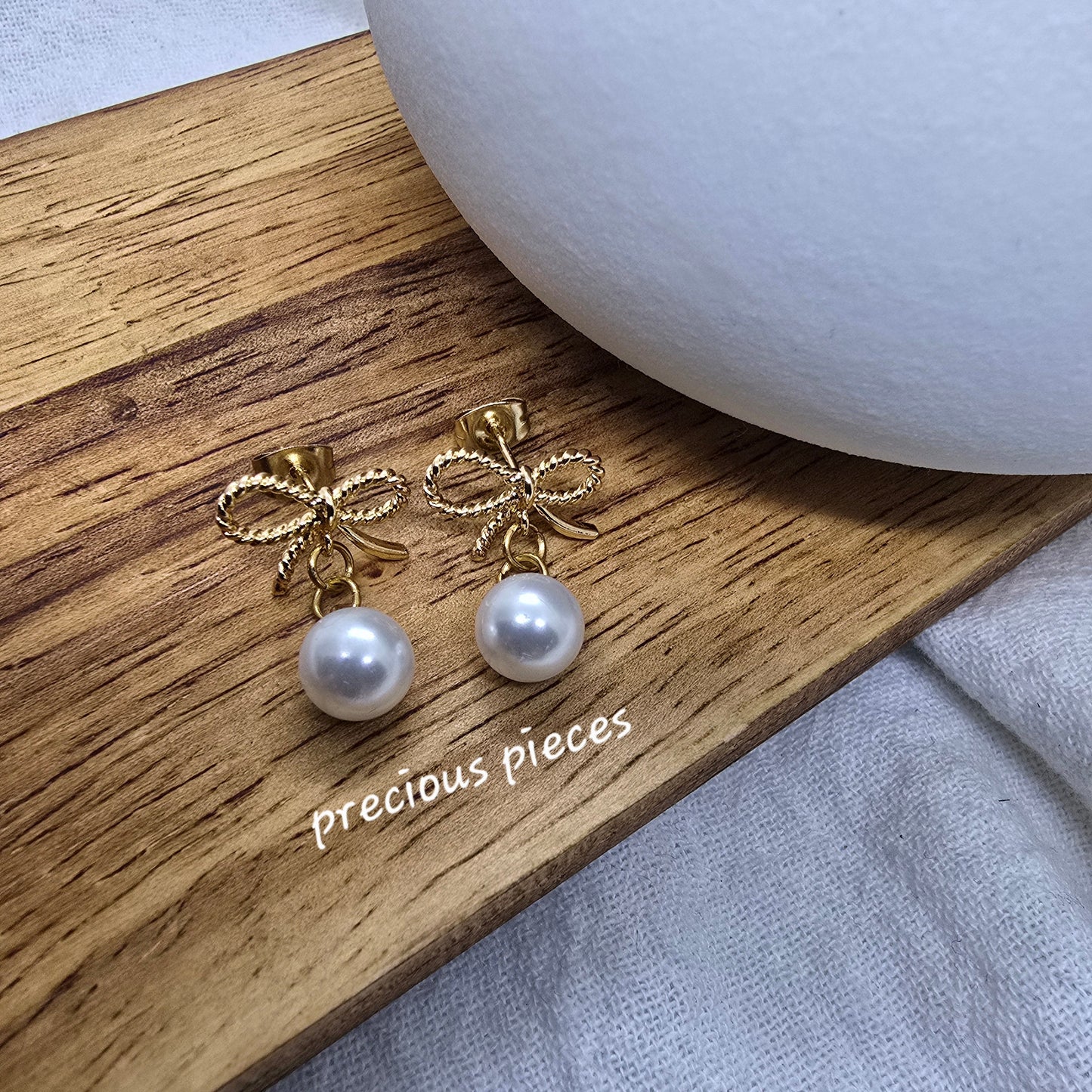 Textured Gold Bow and Pearl Earrings