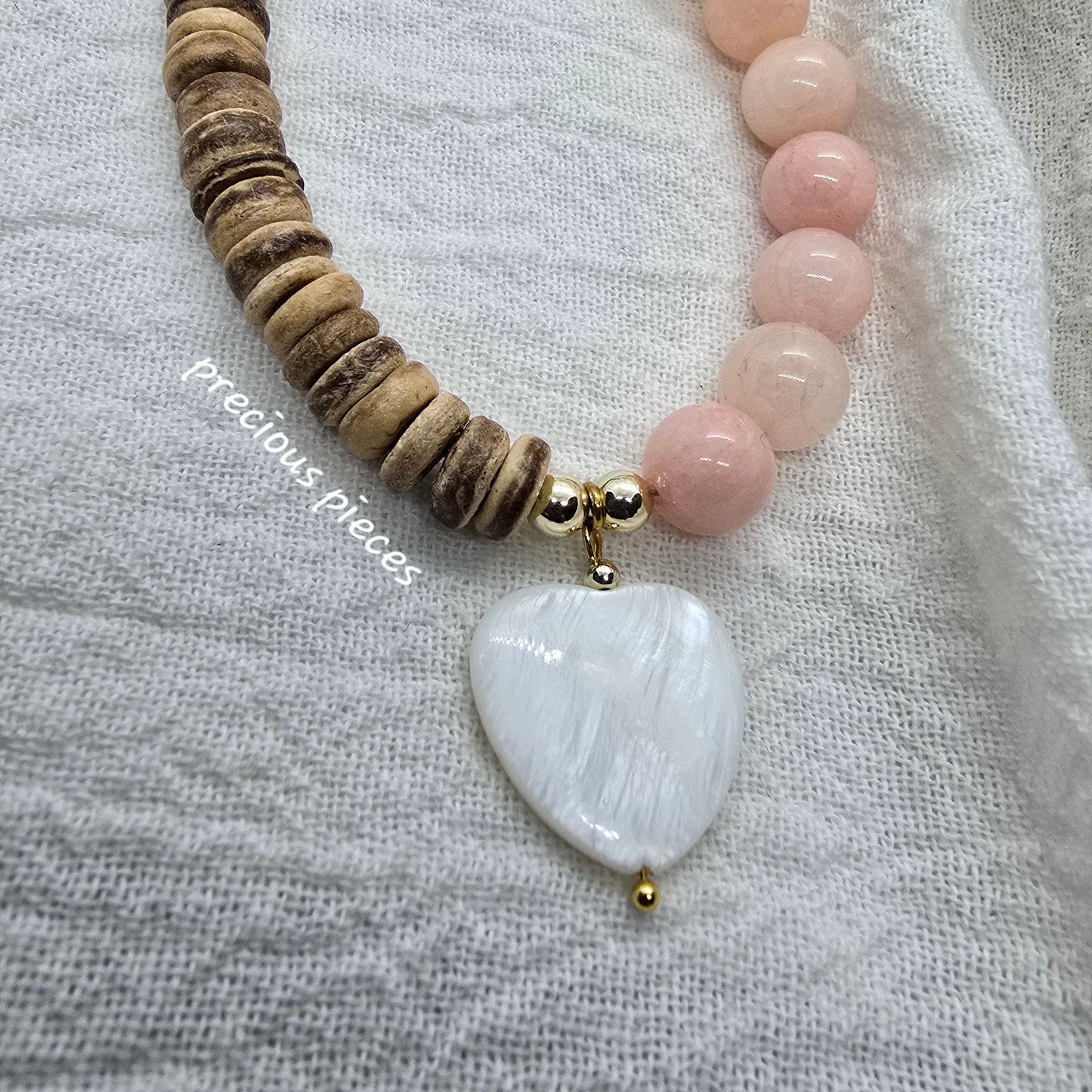 Wooden Heishi and Rose Quartz Beaded Necklace