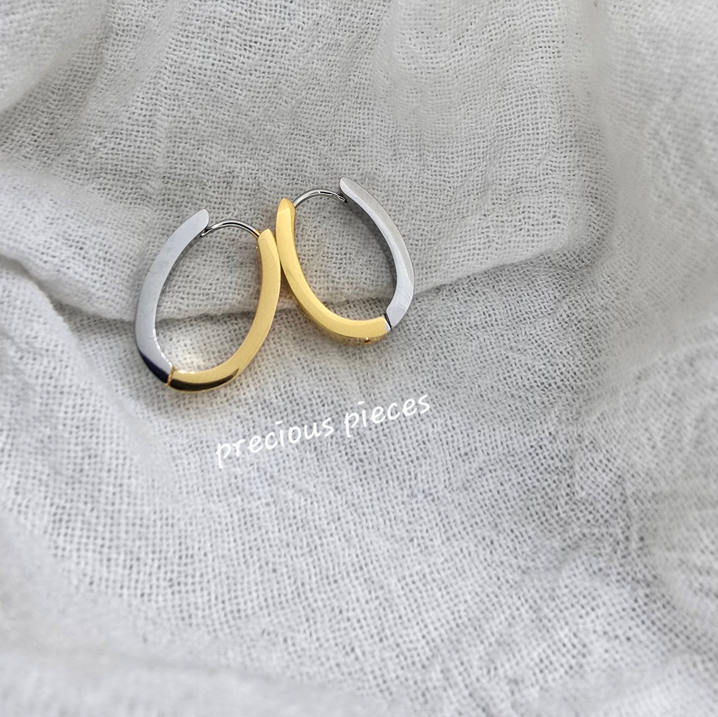 Two-Tone Stainless Steel Oval Hoop Earrings