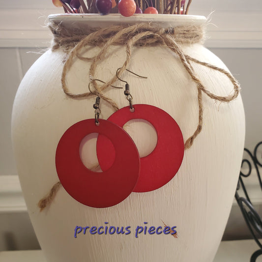 Red Hand Painted Open Circle Earrings