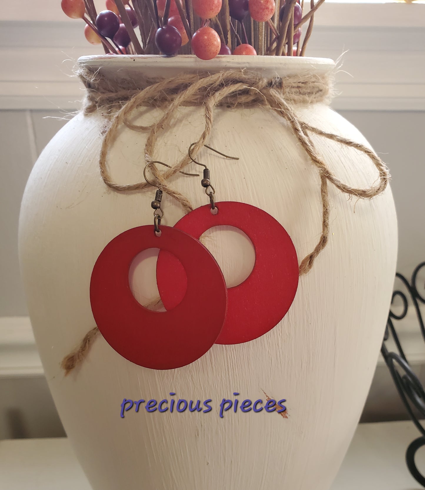 Red Hand Painted Open Circle Earrings