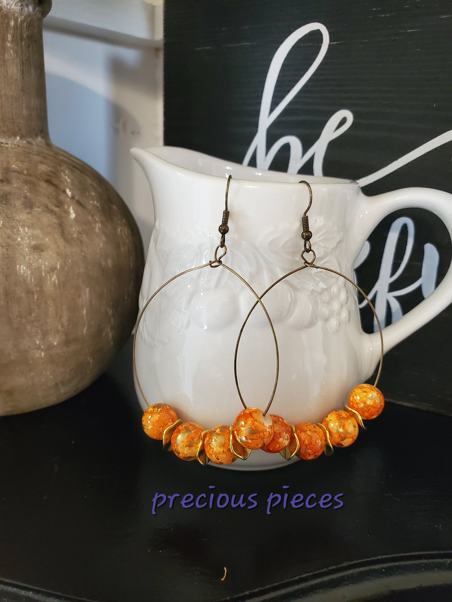 Orange and Gold Beaded Hoop Earrings