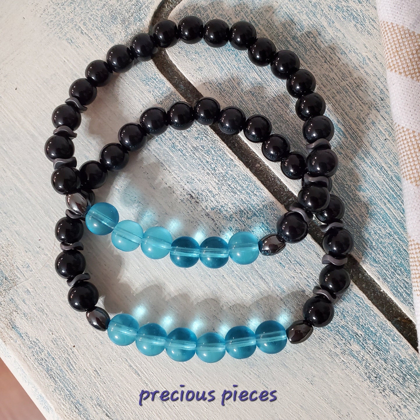 Men's Black with Blue Frosted Glass Beaded Bracelets