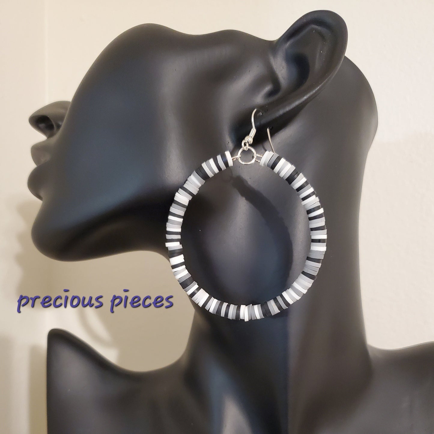 Black, Gray and White Heishi Disc Hoop Earrings