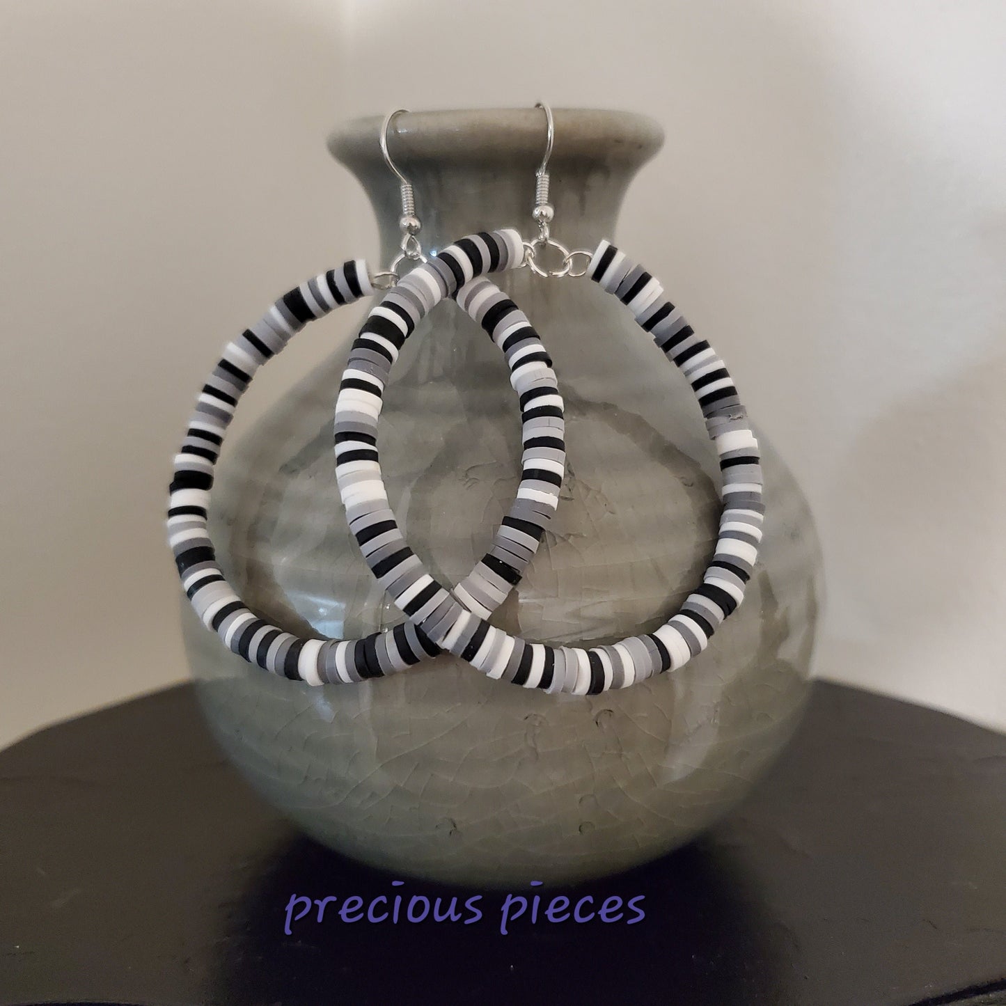 Black, Gray and White Heishi Disc Hoop Earrings