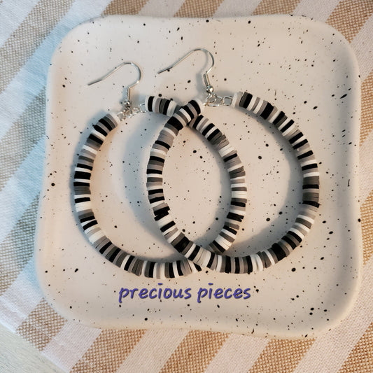 Black, Gray and White Heishi Disc Hoop Earrings