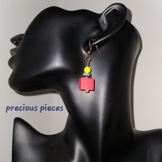 Red Block Bohemian Dangle Earrings