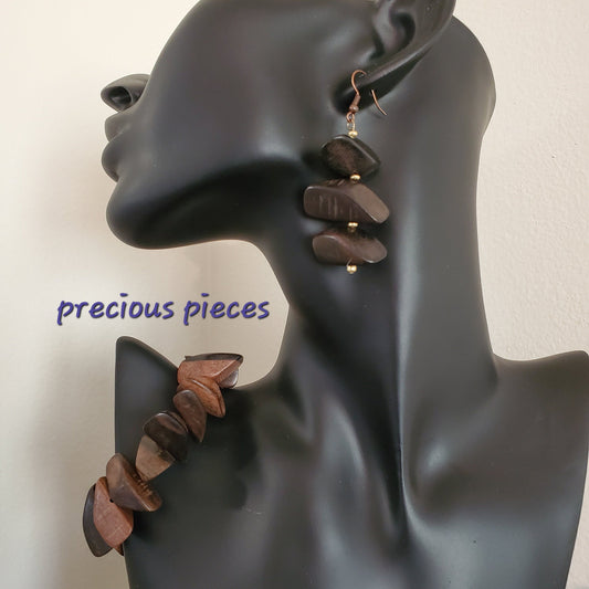 Wood Petal Earrings with Gold Accents and Bracelet