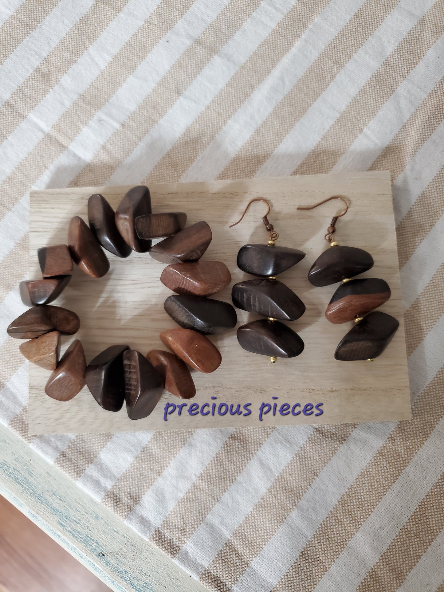 Wood Petal Earrings with Gold Accents and Bracelet