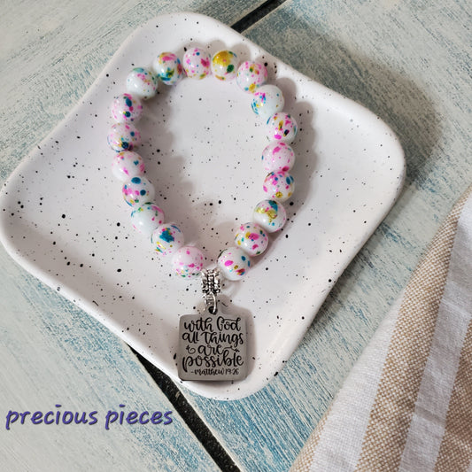 With God White Splatter Beaded Bracelet