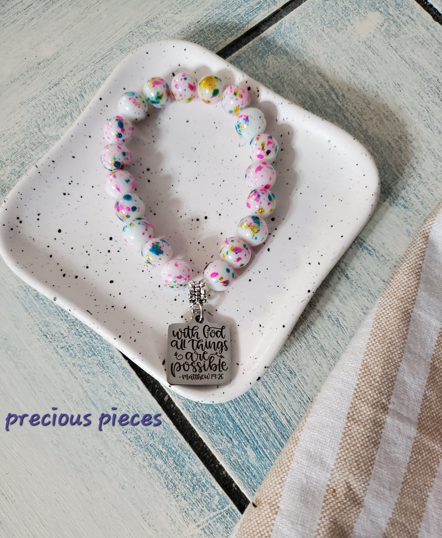 White Splatter Beaded Bracelet with Scripture Charm