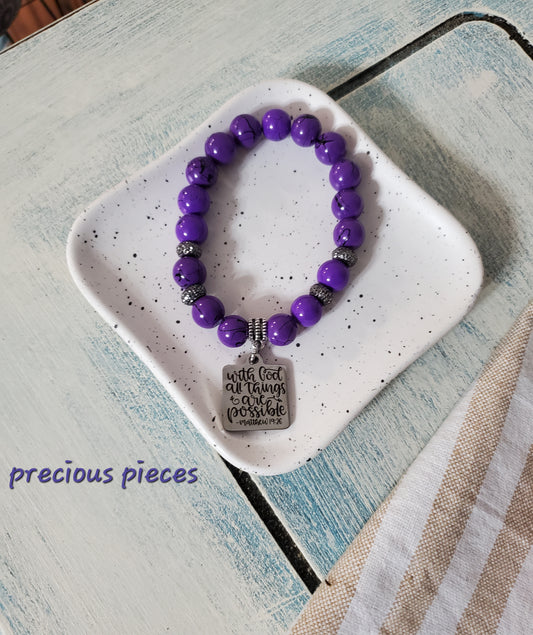 Purple Splatter Beaded Bracelet with Scripture Charm (Only 1 available)