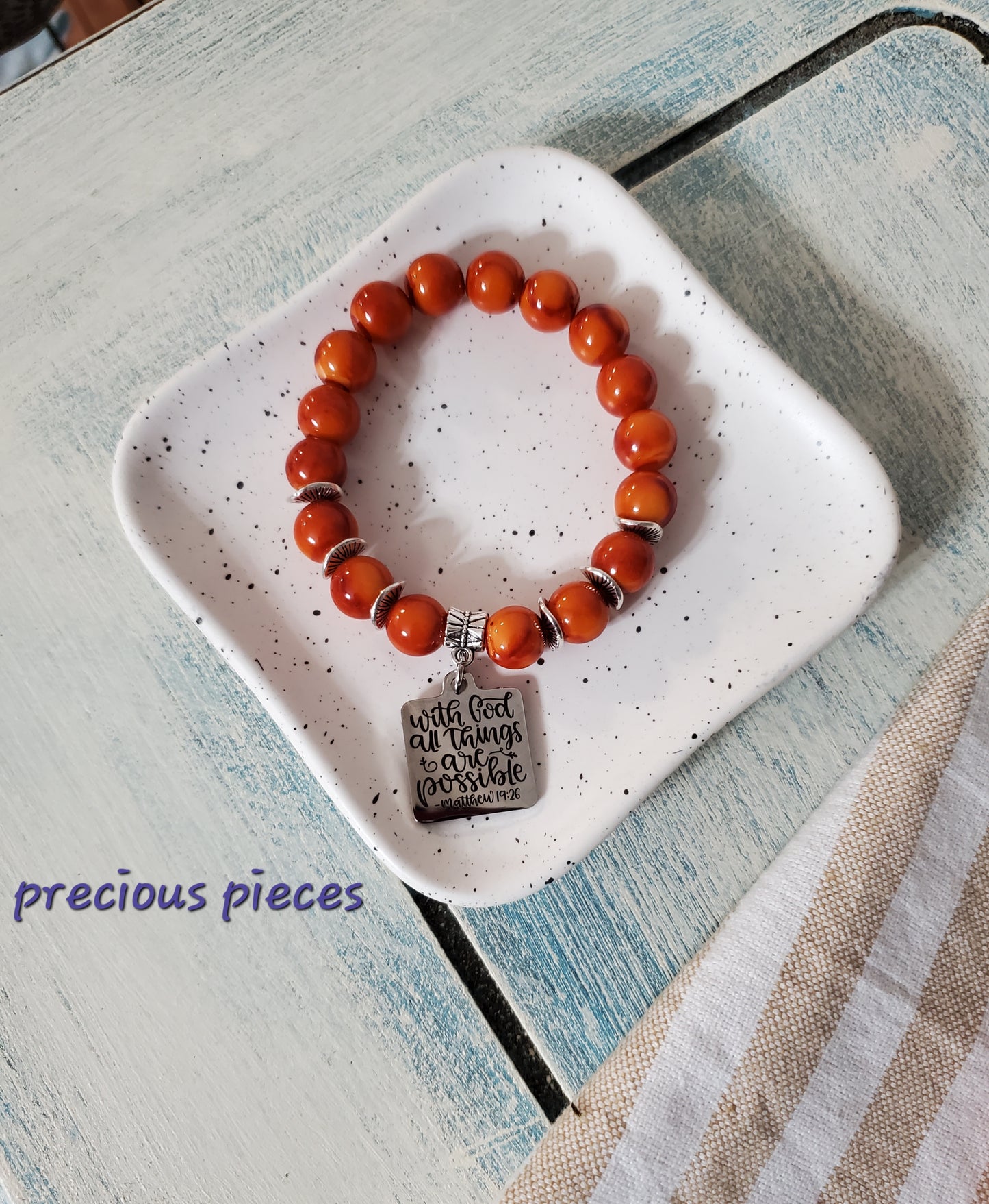 Orange  Beaded Bracelet with Scripture Charm