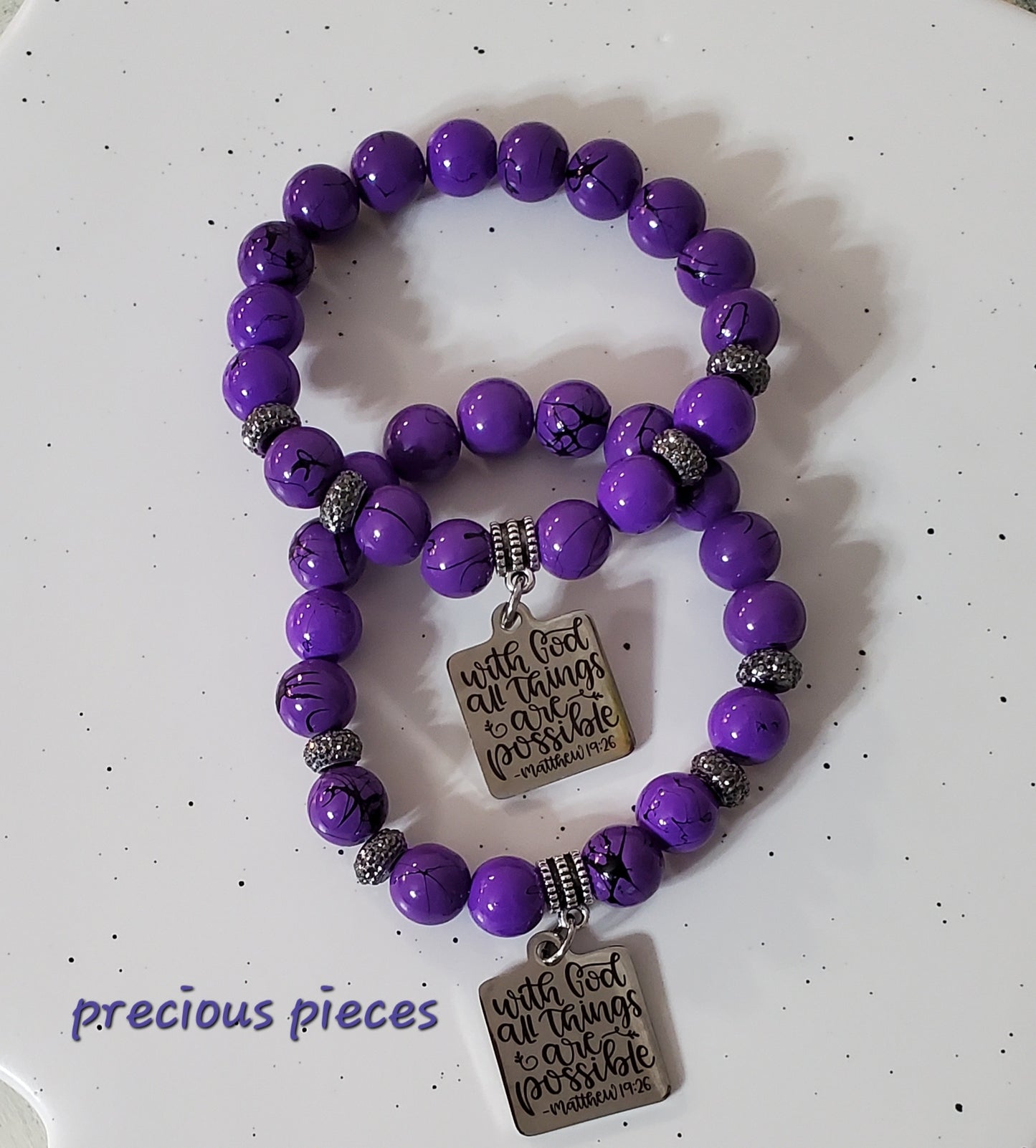 Purple Splatter Beaded Bracelet with Scripture Charm (Only 1 available)