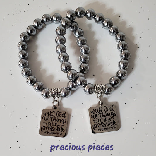 With God Silver Hematite Beaded Bracelets