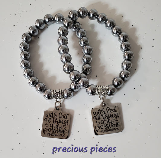 Silver Hematite Beaded Bracelets with Scripture Charm