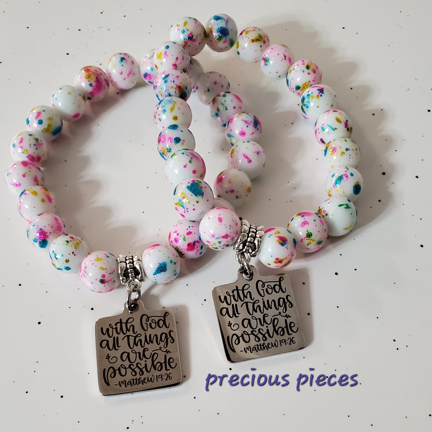 White Splatter Beaded Bracelet with Scripture Charm