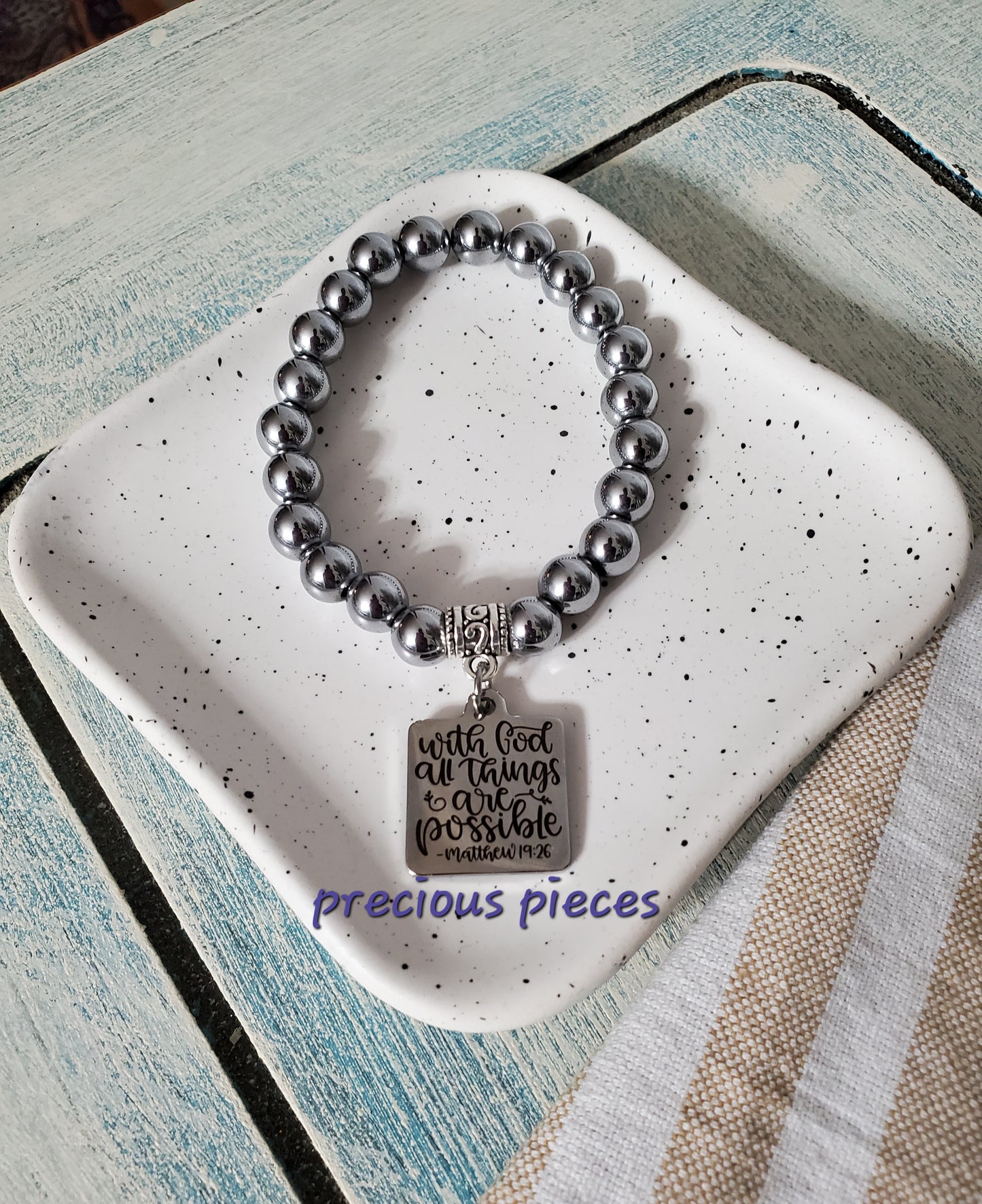 Silver Hematite Beaded Bracelets with Scripture Charm