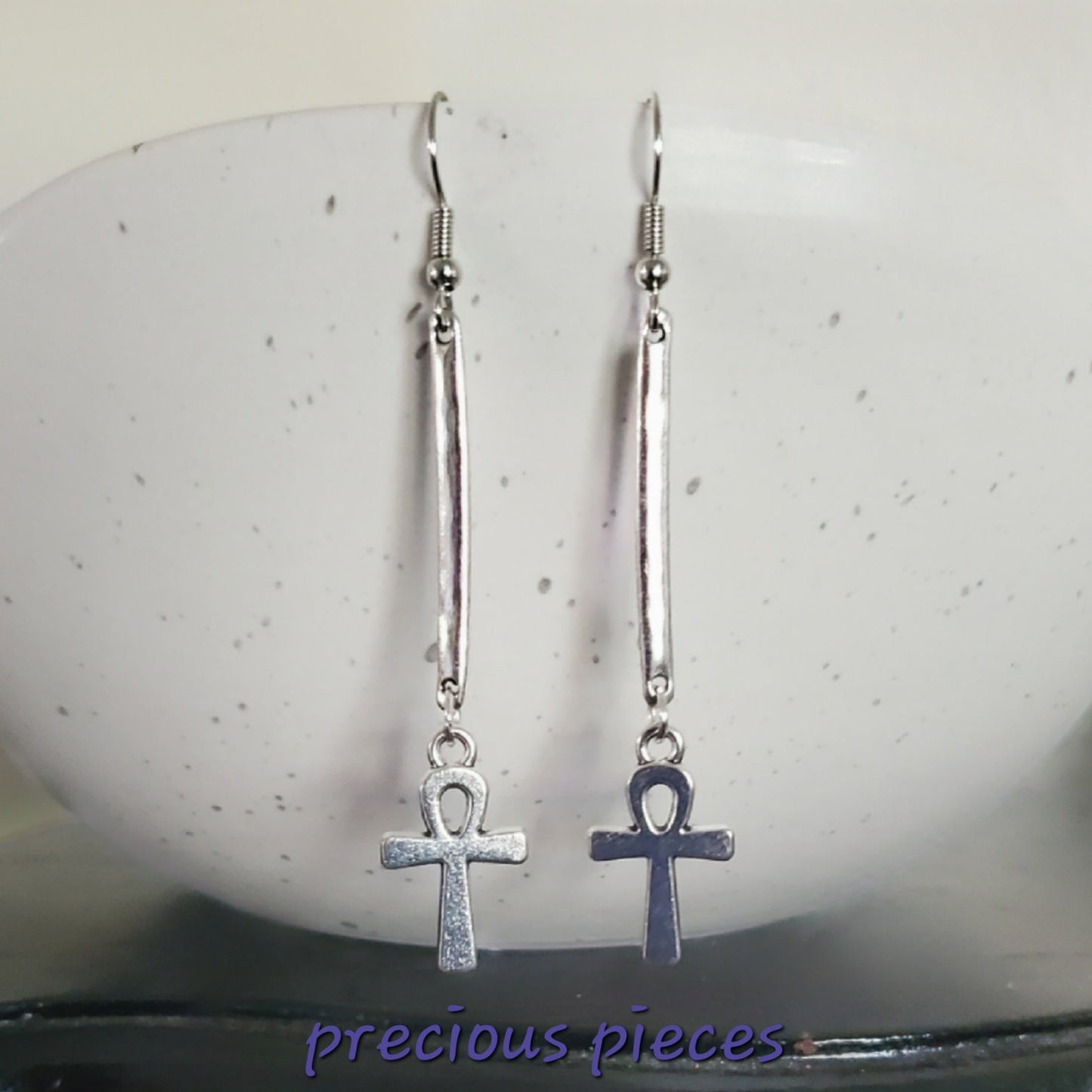 Antique Silver Dangle Ankh Earrings