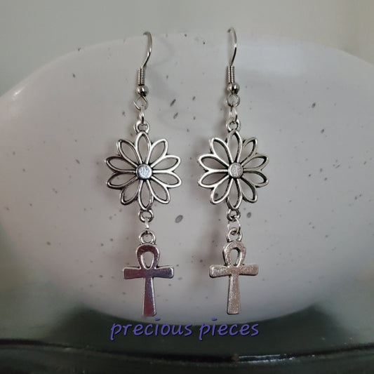 Antique Silver Flower and Ankh Earrings