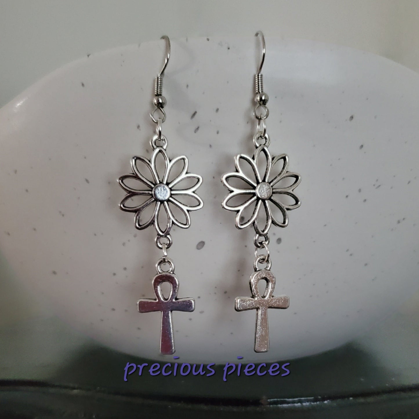 Antique Silver Flower and Ankh Earrings