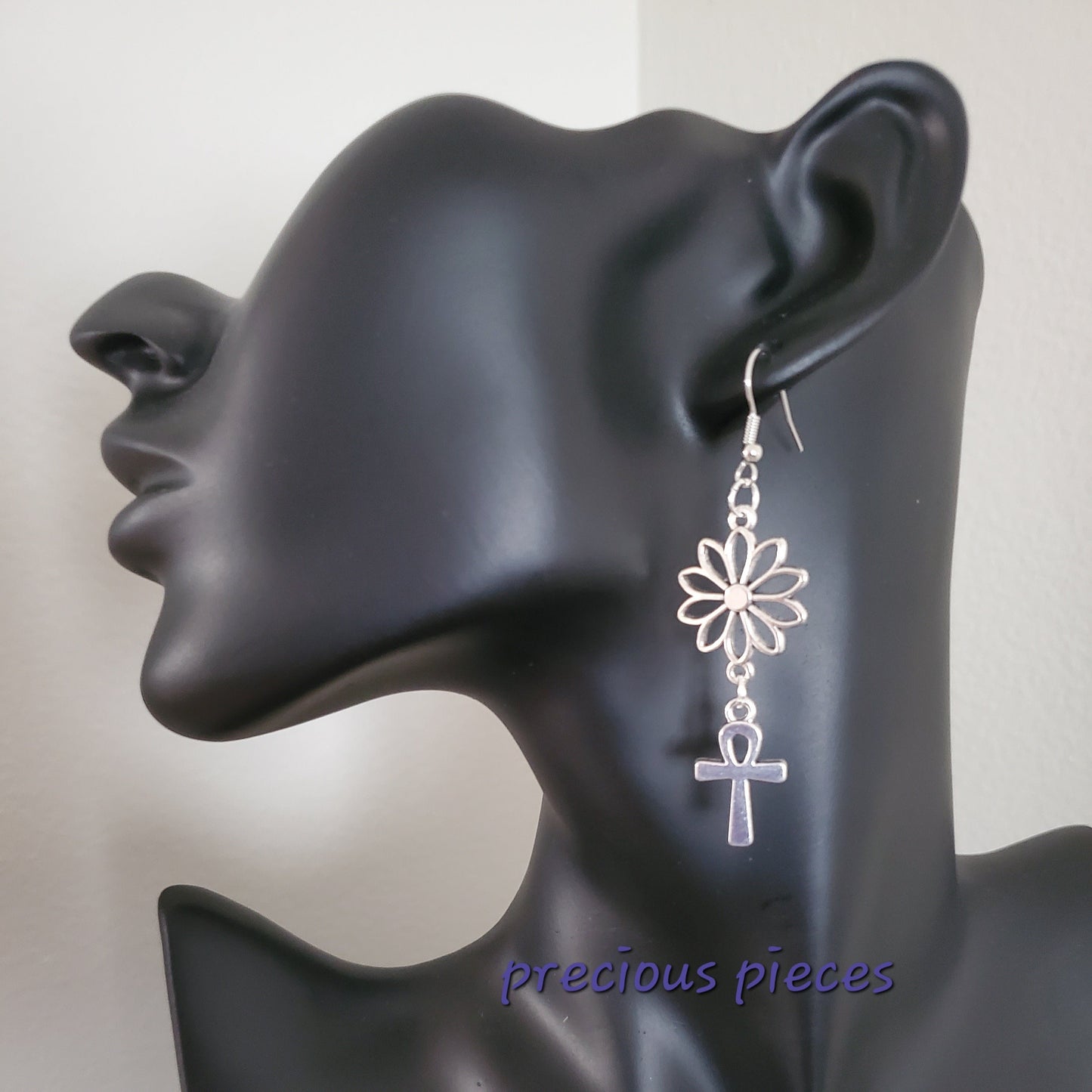 Antique Silver Flower and Ankh Earrings